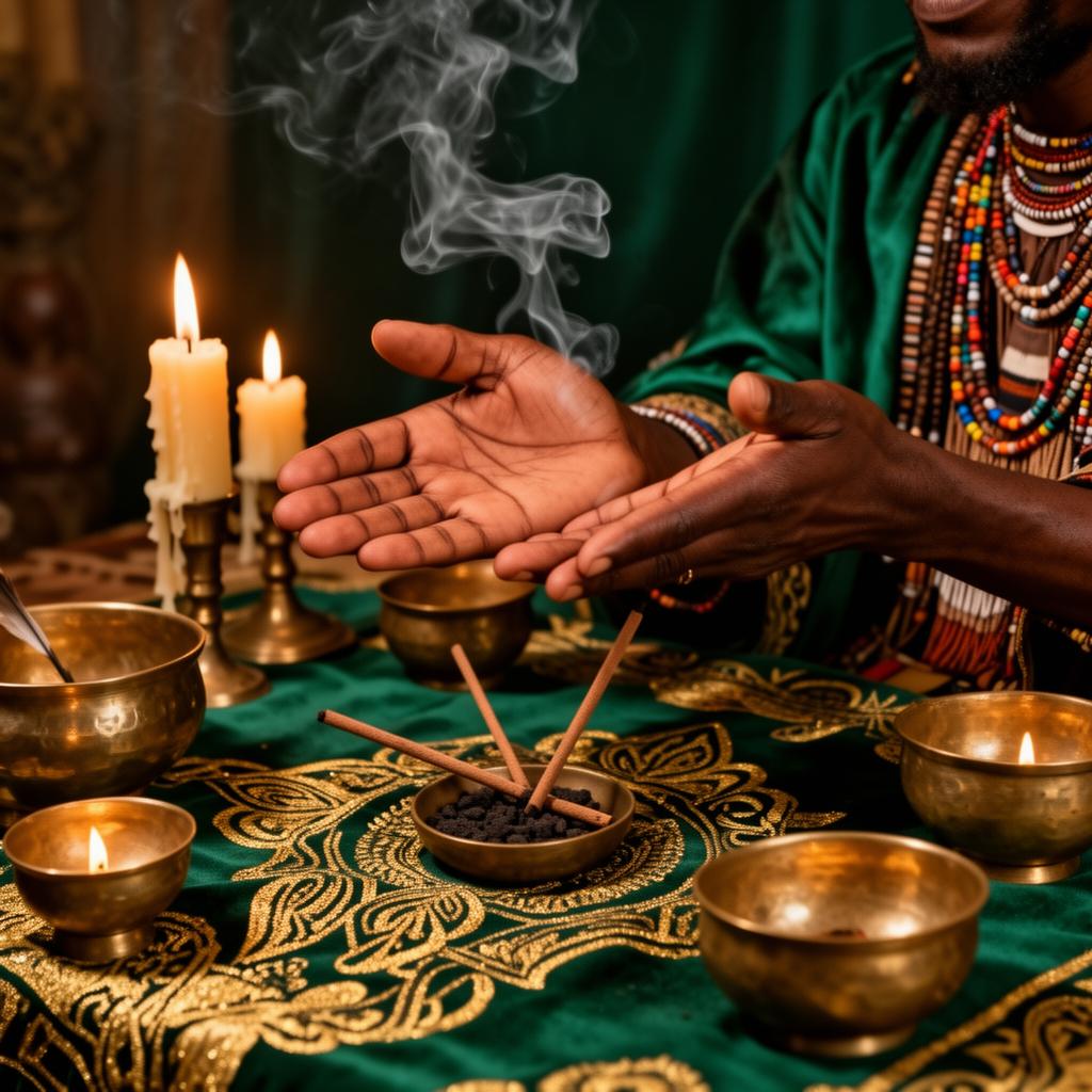 Professor Farid performing palm reading with sacred fire